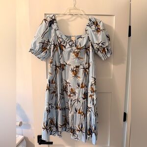 Melloday Light Blue Palm Print Puff Sleeve Dress with Pockets — Size XL